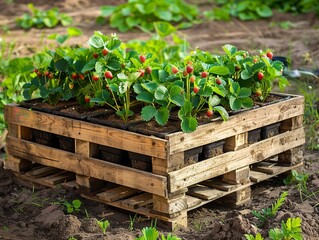 Innovative Gardening: Growing Strawberry Seedlings in Repurposed Pallet Beds