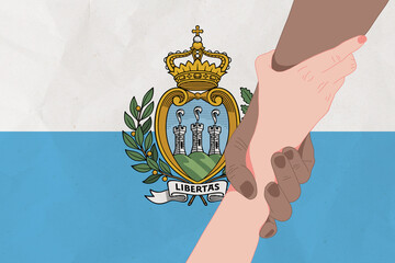 Wall Mural - Helping hand against the San Marino flag. The concept of support. Two hands taking each other. A helping hand for those injured in the fighting, lend a hand