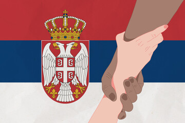 Wall Mural - Helping hand against the Serbia flag. The concept of support. Two hands taking each other. A helping hand for those injured in the fighting, lend a hand