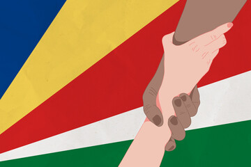 Wall Mural - Helping hand against the Seychelles flag. The concept of support. Two hands taking each other. A helping hand for those injured in the fighting, lend a hand