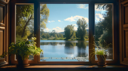 Wall Mural - Tranquil view from a window overlooking a lake