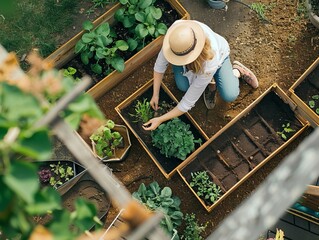 Wall Mural - Gardening from Above: A Mid-Adult Woman Tending to Her Raised Bed in the Yard