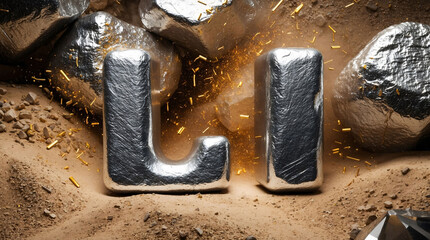 Sticker - Li - symbol for Lithium chemical element on dusty stones background. Mining for lithium, a key component of batteries	