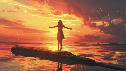 Poster - Girl stands on the beach at sunset arms outstretched to embrace the sky and sea. 