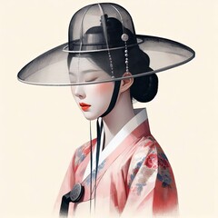 Wall Mural - Elegant Woman in Traditional Hanbok with Ornate Hat with Generative AI.