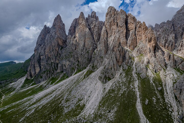 Aerial summer view of Tre Cime di Lavaredo, Dolomites mountain range, Italy