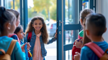 Happy black little girl enters school with a group of other students in the background. the start of a new elementary school year with laughter and camaraderie. back to school