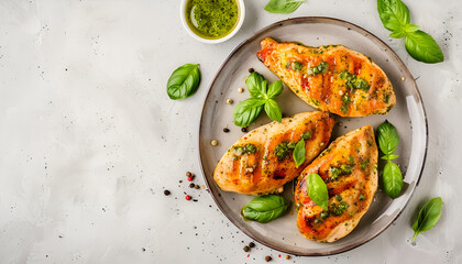 Poster - Delicious chicken breasts with pesto sauce and basil on light gray table, top view