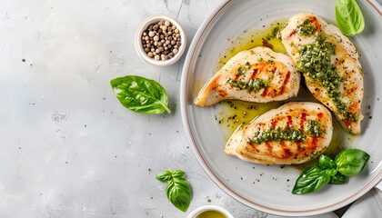 Wall Mural - Delicious chicken breasts with pesto sauce and basil on light gray table, top view