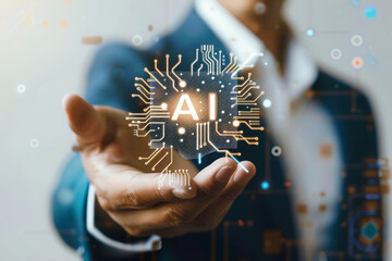 Wall Mural - businessman holding glowing ai hologram with circuit like patterns. concept of advanced technology a