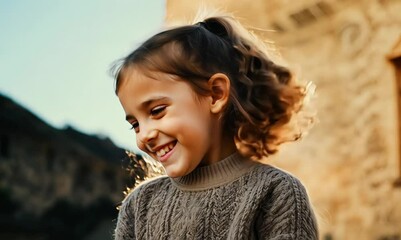 Wall Mural - Medium shot portrait video of a cheerful child female that is wearing a cozy sweater against an old building or architecture background