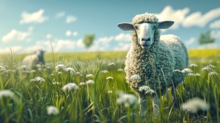 Poster - A serene sheep standing in a lush meadow filled with wildflowers under a bright sky. Nature photography, captured in vibrant colors and soft lighting,