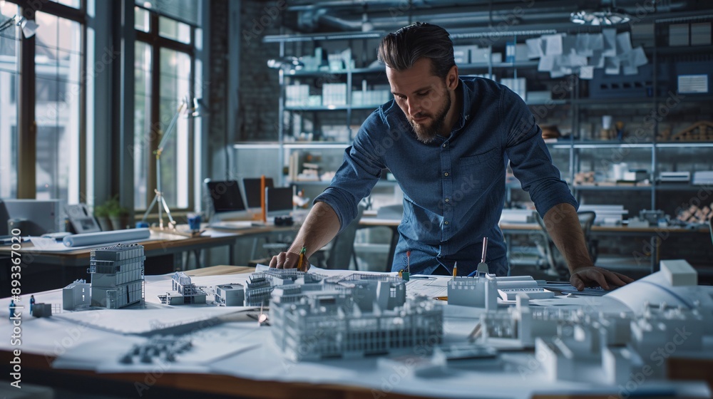 Engineer Inside An engineer at work in a modern industrial-style office, surrounded by ...