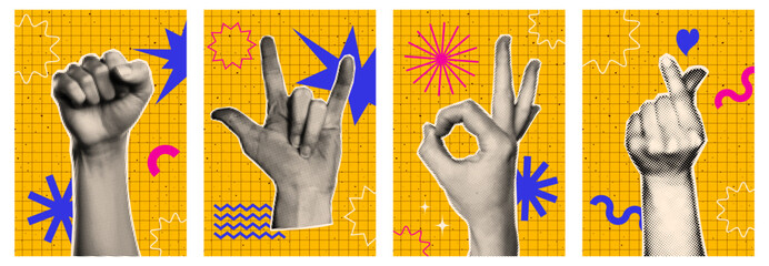 Trendy halftone punk collage posters set with retro Y2K and naive doodle elements. Hand gestures, rock, protest, okay, love. Contemporary vector illustration.