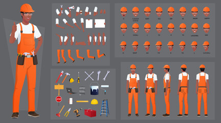 Black Handyman, repairman Character Creation and Animation Pack, African-American Maintenance Engineer Wearing Orange Overalls, Mouth Animation and Lip Sync, Turnaround with Tools and Work Equipment