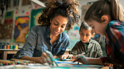 A teacher helping young students in an after-school art class, the kids focused on their paintings and drawings, surrounded by art supplies.