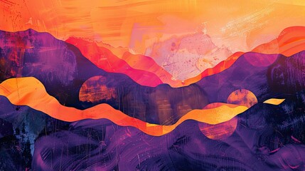 Wall Mural - Vibrant abstract wallpaper with oranges and purples silhouettes of mountains and light