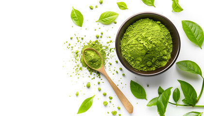 Wall Mural - Green matcha powder in bowl, spoon and leaves isolated on white, top view