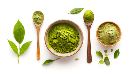 Wall Mural - Green matcha powder in bowl, spoon and leaves isolated on white, top view