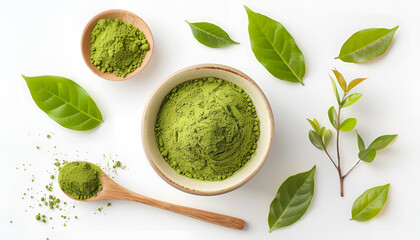 Wall Mural - Green matcha powder in bowl, spoon and leaves isolated on white, top view