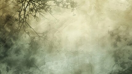 Wall Mural - Smooth brush strokes in green and taupe featuring branches and luminous mist