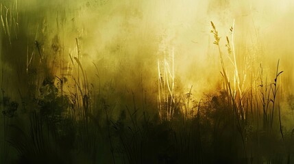 Sticker - Dynamic brush strokes in bronze and olive featuring tall grass and ambient light