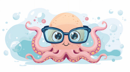 Wall Mural - Close Up Illustration of Pink Baby Octopus with big Glasses looking at Camera on white Background with blue bubbles. Suitable for Cover, Wallpaper, Print, Poster, Flyer, Brochure, Sticker, Web