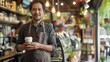 © Suphot - Friendly barista holding coffee cup in cozy cafe, wearing apron. Background shows warm, inviting interior with various coffee beans and plants.