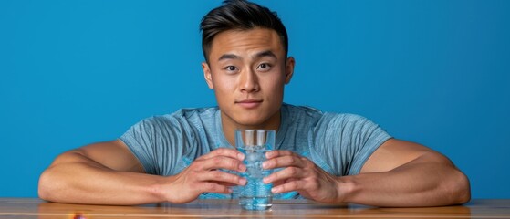 Man in blue shirt holding two glasses of water, seated at a table with a blue background, looking directly at the camera with a calm expression.