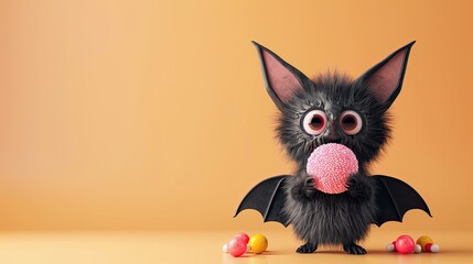 Adorable bat clutching a large pink candy, set against a peach-colored backdrop with scattered sweets. 3D Halloween cartoon, trick-or-treating.