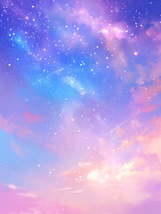 Wall Mural - Dreamy pastel sky with clouds and sparkling stars creating a whimsical and serene atmosphere perfect for fantasy themes with copy space text