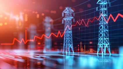 A stock market graph with an electric line rising on top of it and electricity towers in a blurred background.