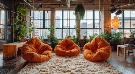 Poster - Four Orange Hanging Chairs in a Modern Loft