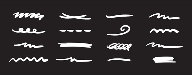 Leinwandbilder - Vector doodle brush lines set. Hand-drawn charcoal smears, strikethroughs, and swirls. Horizontal sketchy wavy strokes