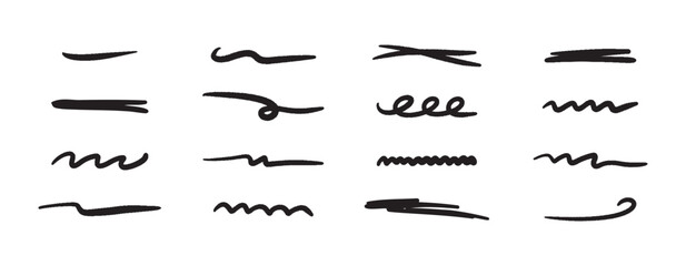 Leinwandbilder - Vector doodle brush lines set. Hand-drawn charcoal smears, strikethroughs, and swirls. Horizontal sketchy wavy strokes