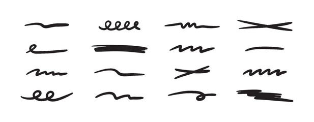 Poster - Vector doodle brush lines set. Hand-drawn charcoal smears, strikethroughs, and swirls. Horizontal sketchy wavy strokes