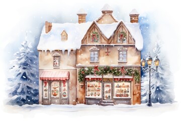 Canvas Print - Christmas outdoors snow shop.