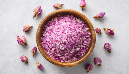 Sea spa salt with dried rose petals in wooden bowl on cement table. Natural cosmetic, body care