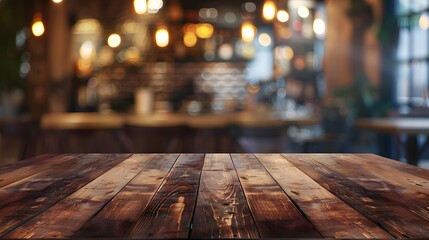 Empty wooden table top with a blurred background of a coffee shop or bar interior for product display, product mockup