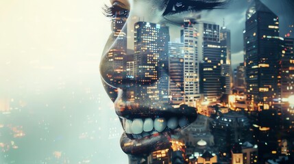 A surreal double exposure image of a person's face and a bustling city skyline.  The image evokes a sense of urban life and human connection.