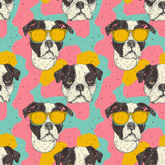 Colorful seamless pattern with bulldog illustrations, some with sunglasses, on vibrant background for fun design projects.