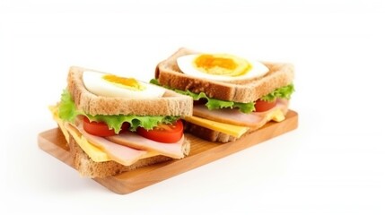 Wall Mural - Fresh sandwich with ham, cheese, tomatoes, fast food on white background, isolate. AI generated.