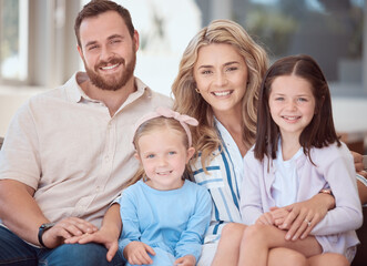 Poster - Smile, portrait and family on sofa in home with love, bonding and connection together in Australia. Happy, care and parents hugging girl children on couch in living room for relaxing in house.