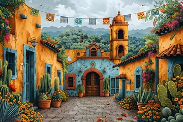 Mexican courtyard scene with vibrant yellow and blue stucco buildings with potted cacti and blooming flowers. A bell tower rises in background, with colorful banners hanging overhead.