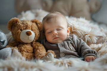 Wall Mural - Sweet baby boy in bear overall, sleeping in bed with teddy bear