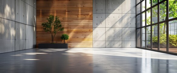Wall Mural - Sunlight illuminating modern empty room with green trees outdoors