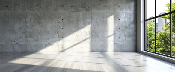 Wall Mural - Sun shining through large windows in an empty room with concrete wall