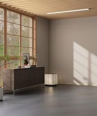 Empty minimal, modern oriental Japanese style living room with beige wallpaper wall, wooden cabinet, tree in sunlight from shoji window for interior design decoration, product background 3D