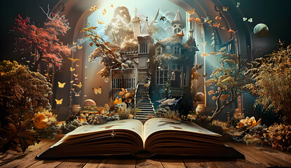 Wall Mural - Fantasy world inside of the book. Concept of education imagination and creativity from reading books.