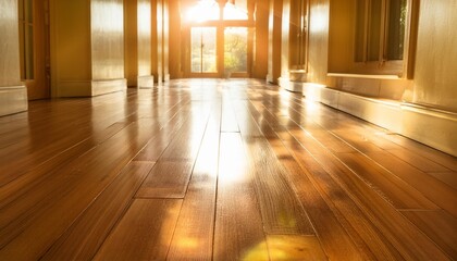 Sticker - warm sunlight reflecting off polished wooden corridor floor